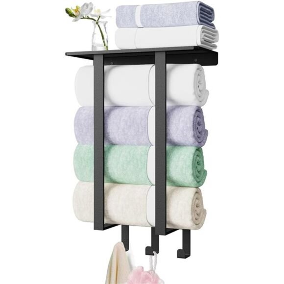 Towel Racks for Bathroom Wall, Metal Square Tube Towel Rack with Shelf & 3 Hooks - Picture 6 of 6